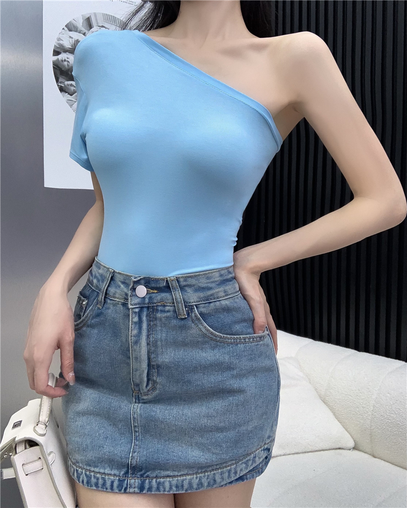 Sloping shoulder blue tops strapless short sleeve T-shirt