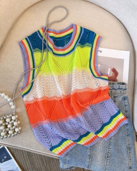 Sleeveless rainbow knitted hollow tops sling stripe summer vest