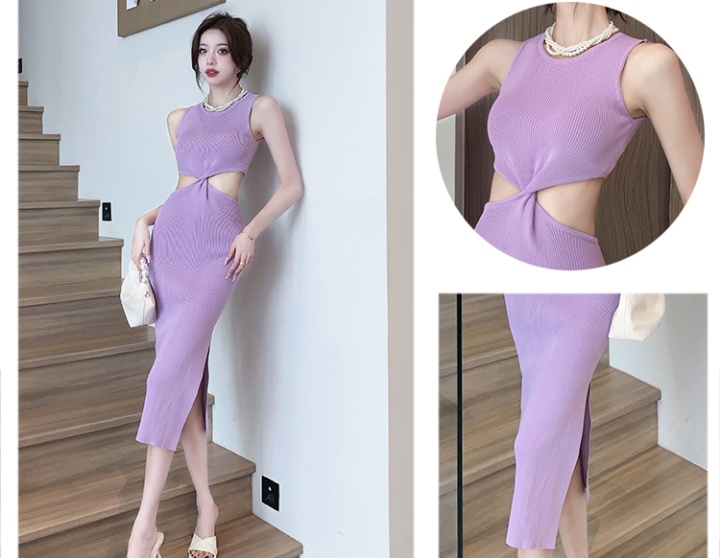 Pinched waist long knitted package hip purple hollow dress