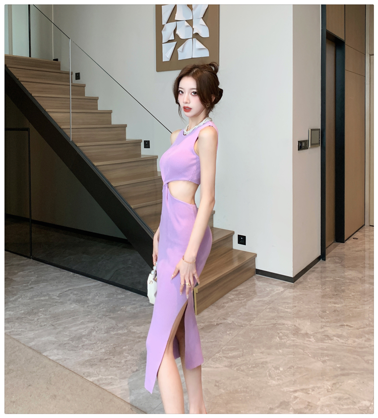 Pinched waist long knitted package hip purple hollow dress