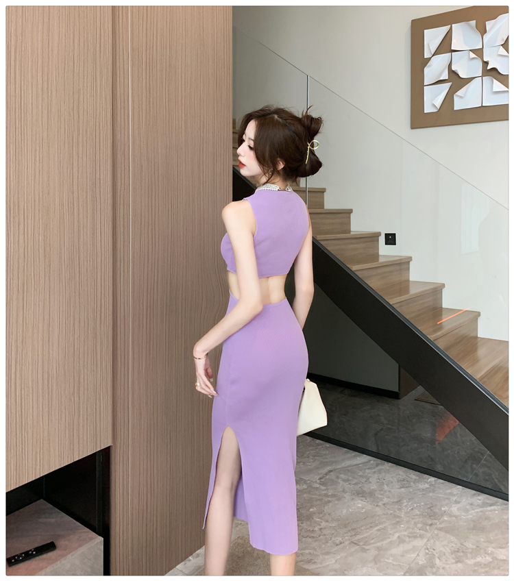 Pinched waist long knitted package hip purple hollow dress