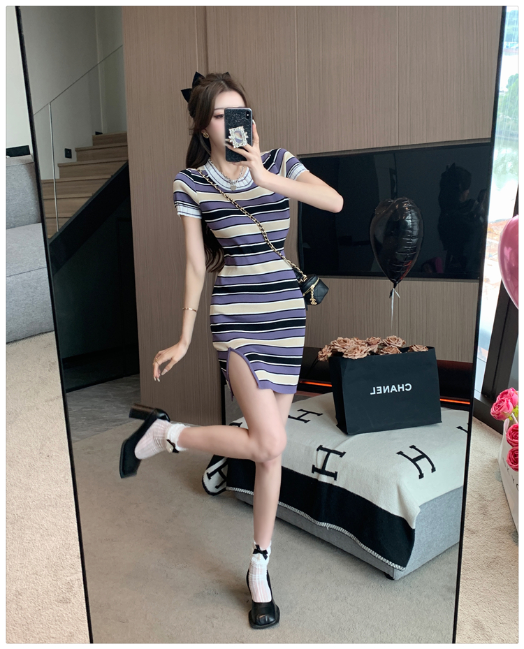 Tight stripe dress knitted package hip T-back for women