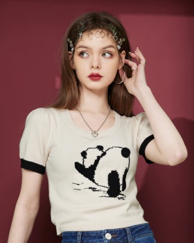 White panda sweater short sleeve short tops for women