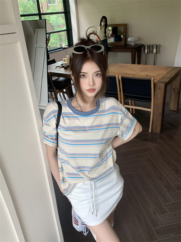 Korean style stripe slim T-shirt mixed colors loose tops