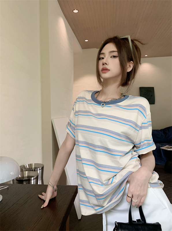 Korean style stripe slim T-shirt mixed colors loose tops