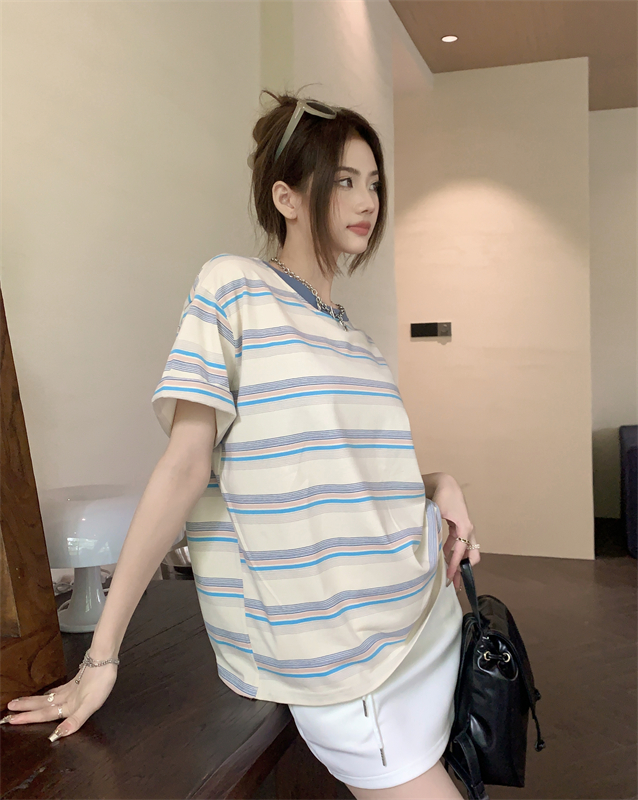 Korean style stripe slim T-shirt mixed colors loose tops