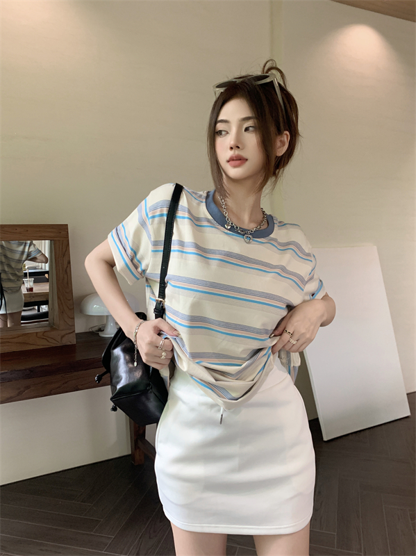 Korean style stripe slim T-shirt mixed colors loose tops