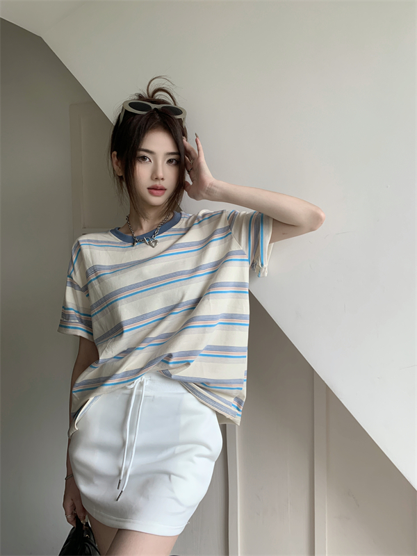 Korean style stripe slim T-shirt mixed colors loose tops