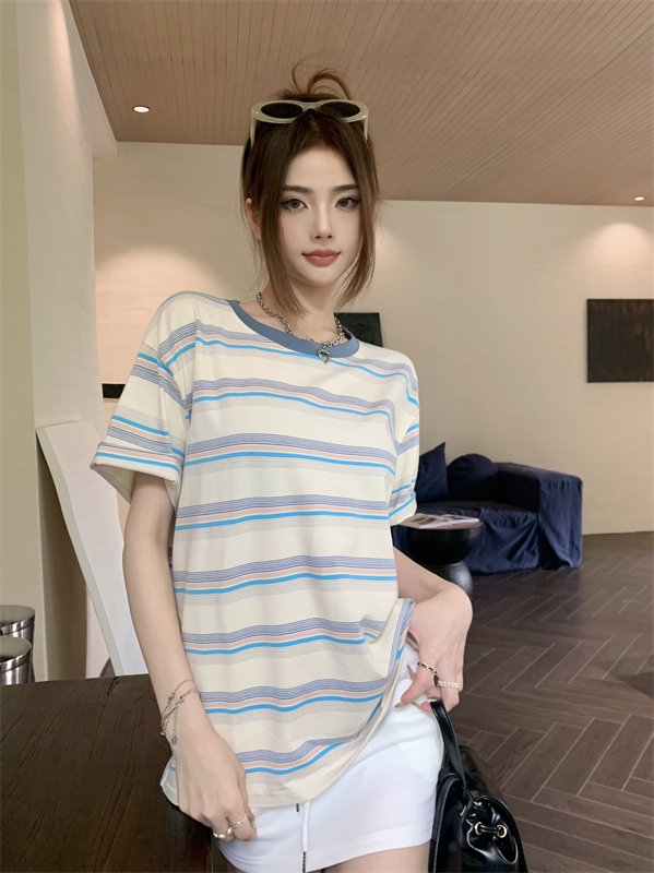 Korean style stripe slim T-shirt mixed colors loose tops