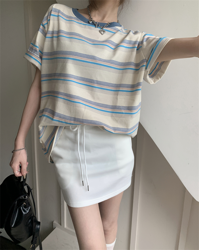 Korean style stripe slim T-shirt mixed colors loose tops