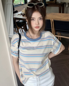 Korean style stripe slim T-shirt mixed colors loose tops