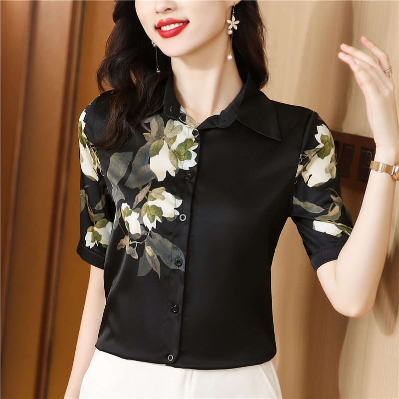 Retro black tops short sleeve printing shirt for women