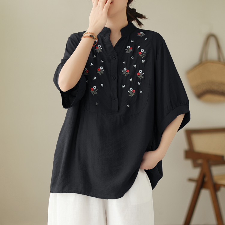 Art retro large yard shirt V-neck loose tops for women