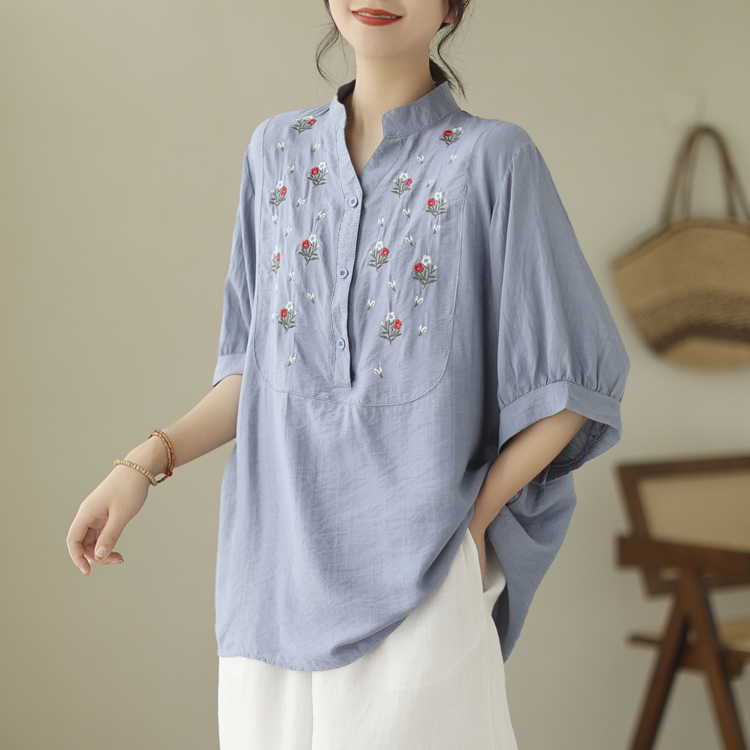 Art retro large yard shirt V-neck loose tops for women