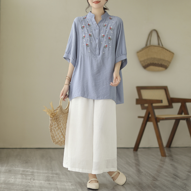 Art retro large yard shirt V-neck loose tops for women