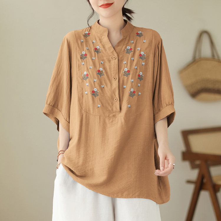 Art retro large yard shirt V-neck loose tops for women