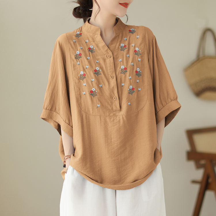 Art retro large yard shirt V-neck loose tops for women