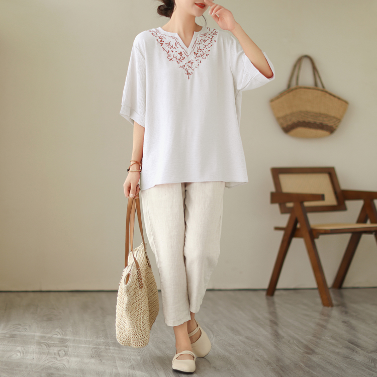 Fat embroidery T-shirt large yard short sleeve tops for women