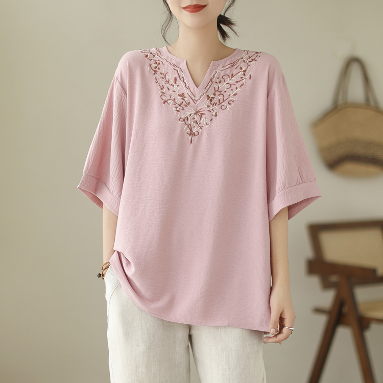 Fat embroidery T-shirt large yard short sleeve tops for women