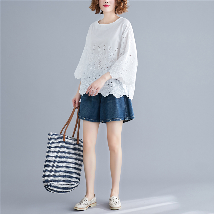 Crochet hollow tops Korean style embroidered shirt