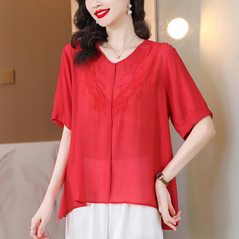 Retro loose all-match tops V-neck art shirt for women