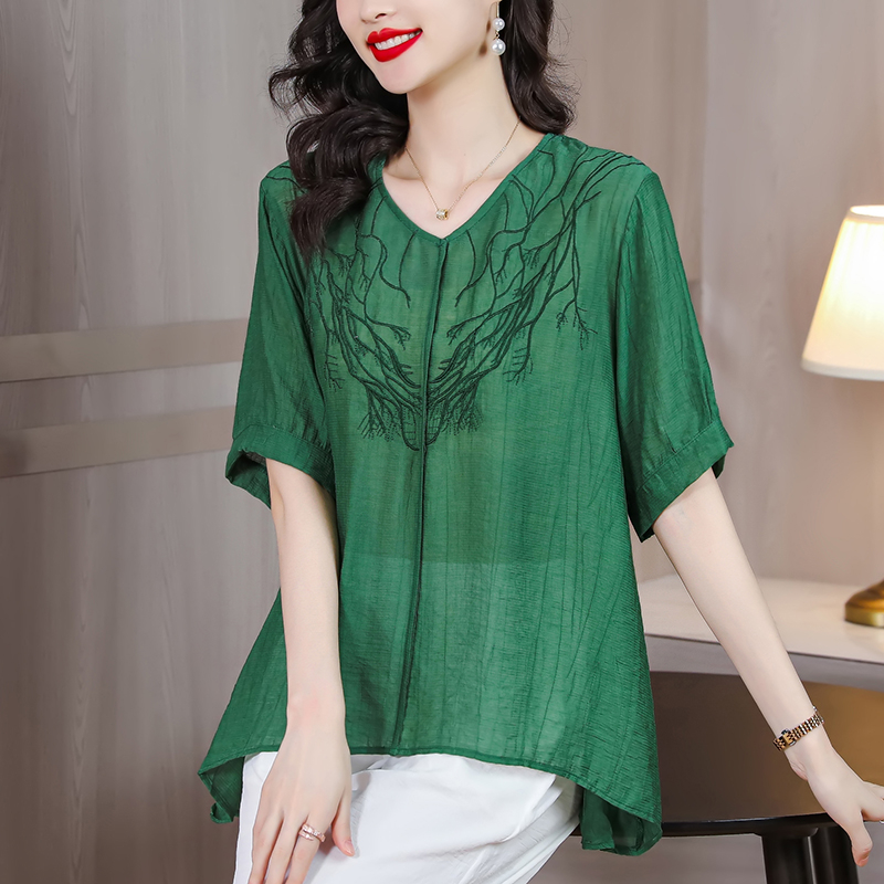 Retro loose all-match tops V-neck art shirt for women