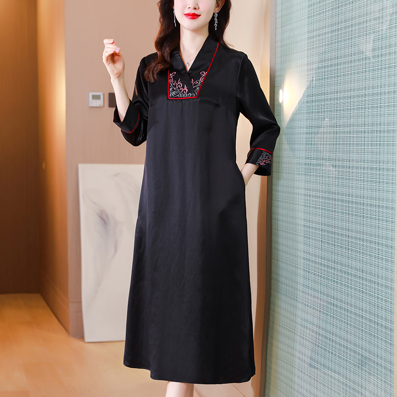 V-neck large yard real silk loose silk retro dress