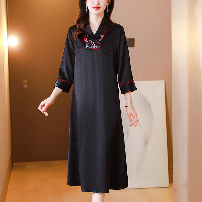 V-neck large yard real silk loose silk retro dress