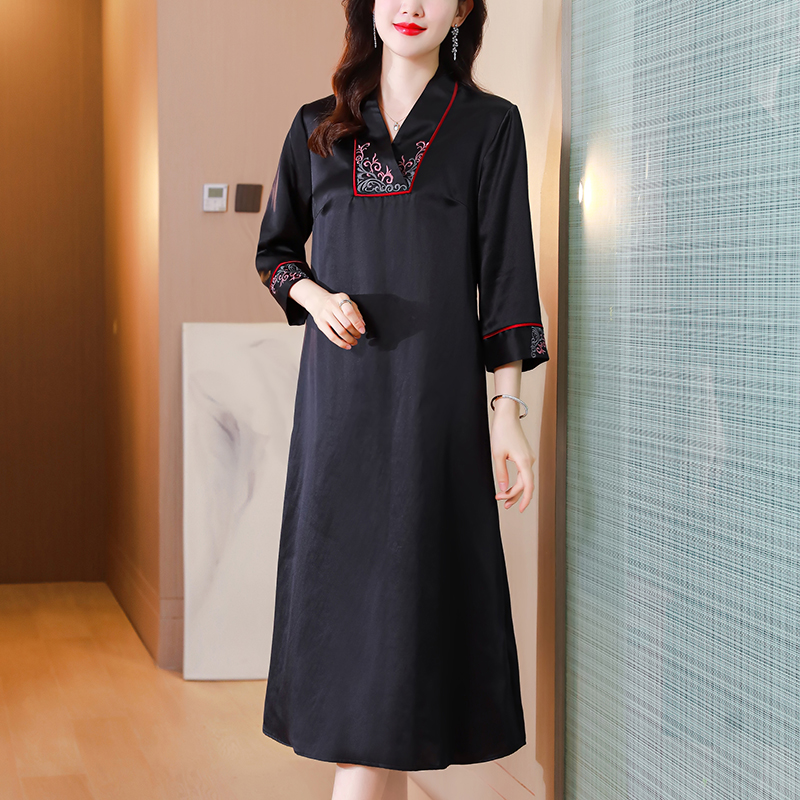 V-neck large yard real silk loose silk retro dress