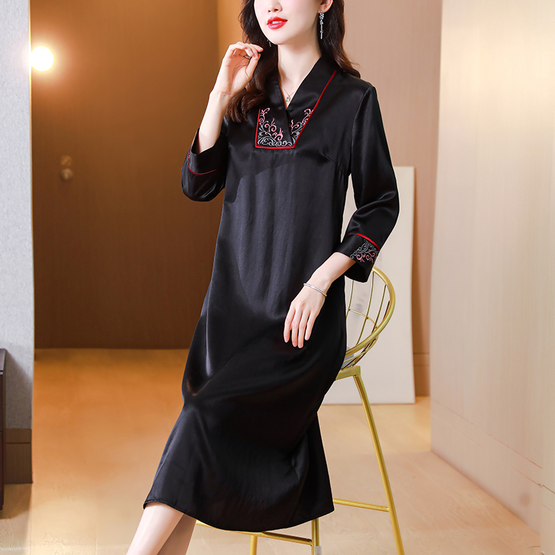 V-neck large yard real silk loose silk retro dress