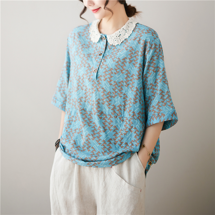 Cotton linen summer tops lace collar T-shirt
