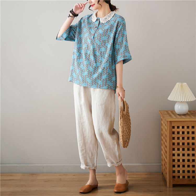 Cotton linen summer tops lace collar T-shirt