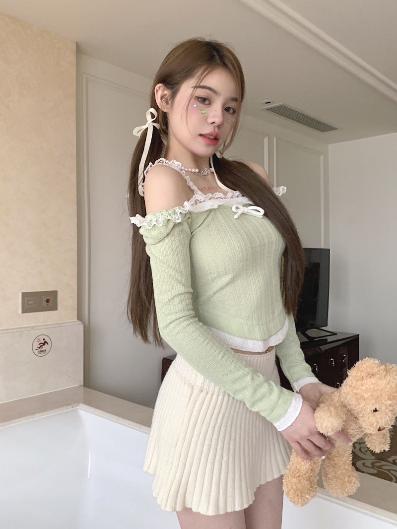 Pseudo-two high waist tops knitted slim dress