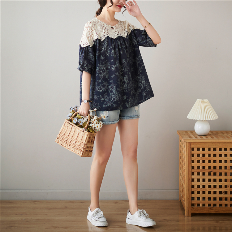 Korean style summer slim shirt splice large yard lace T-shirt