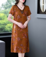 Retro middle-aged summer real silk printing dress for women