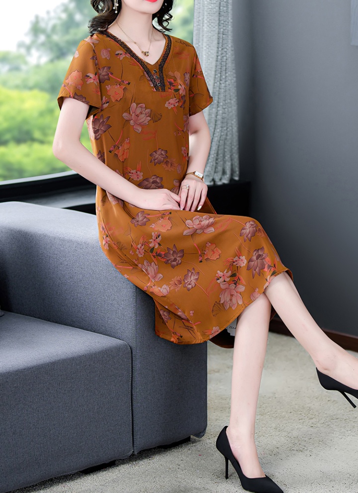 Retro middle-aged summer real silk printing dress for women