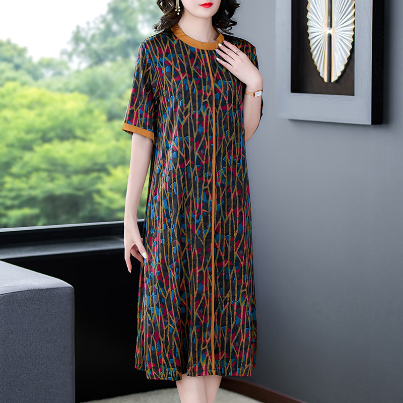 Real silk loose long dress floral middle-aged dress