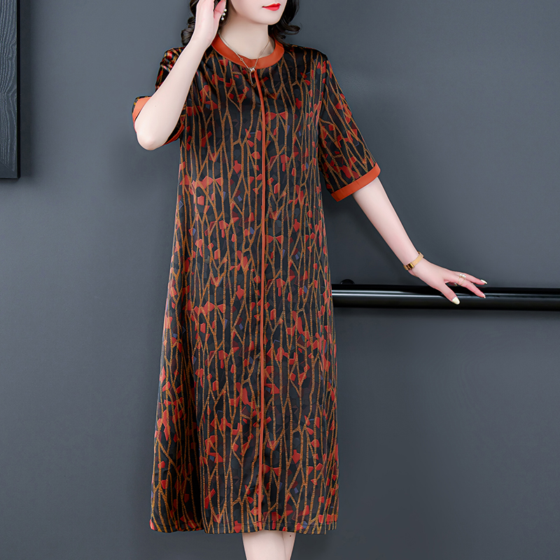 Real silk loose long dress floral middle-aged dress