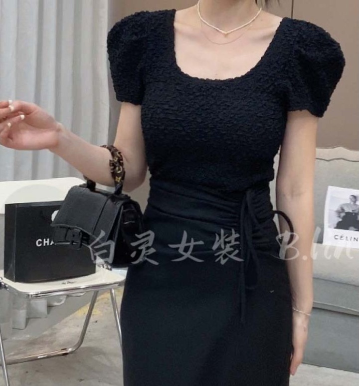 Square collar fold shirt puff sleeve tops for women