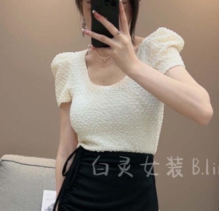 Square collar fold shirt puff sleeve tops for women