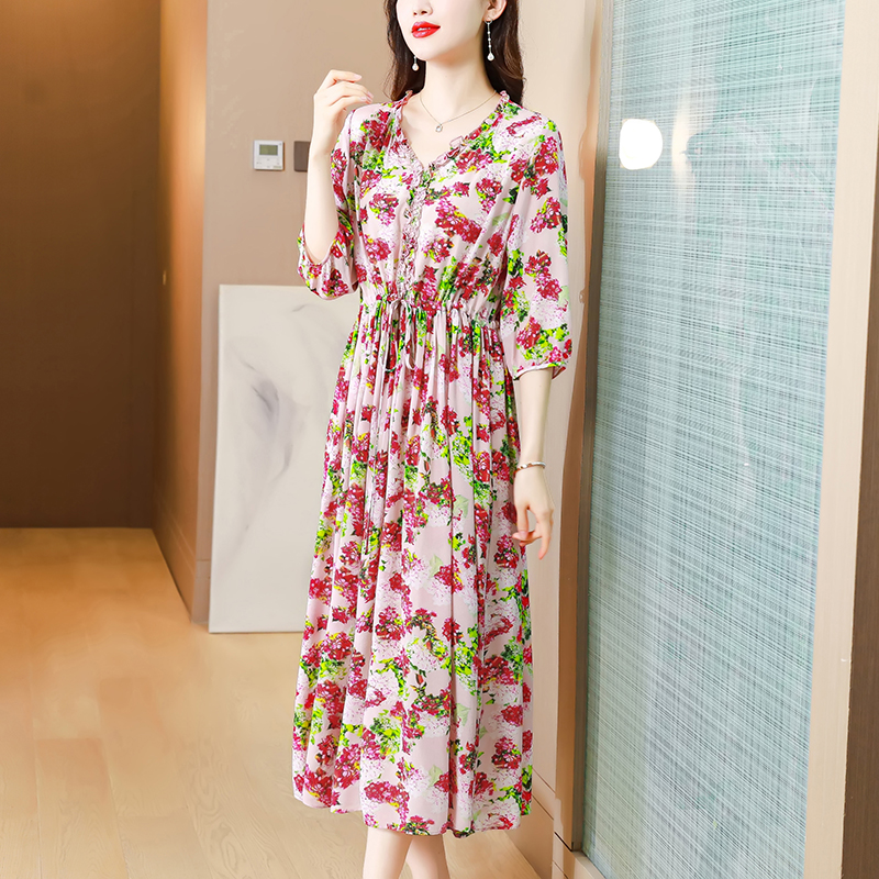 Floral V-neck silk summer real silk dress for women