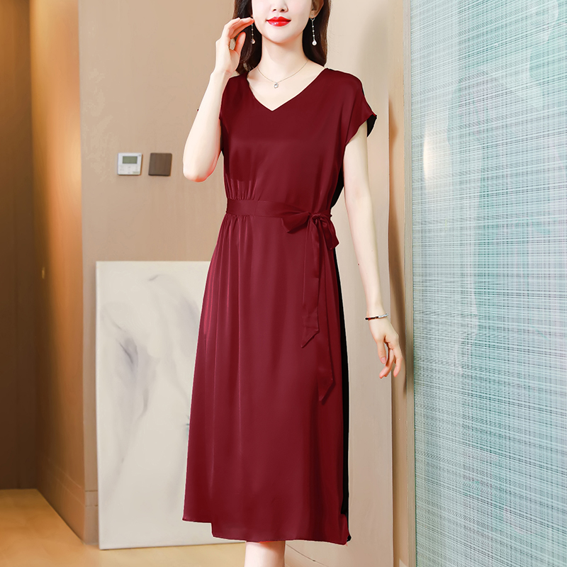 Satin summer Western style pure real silk dress for women