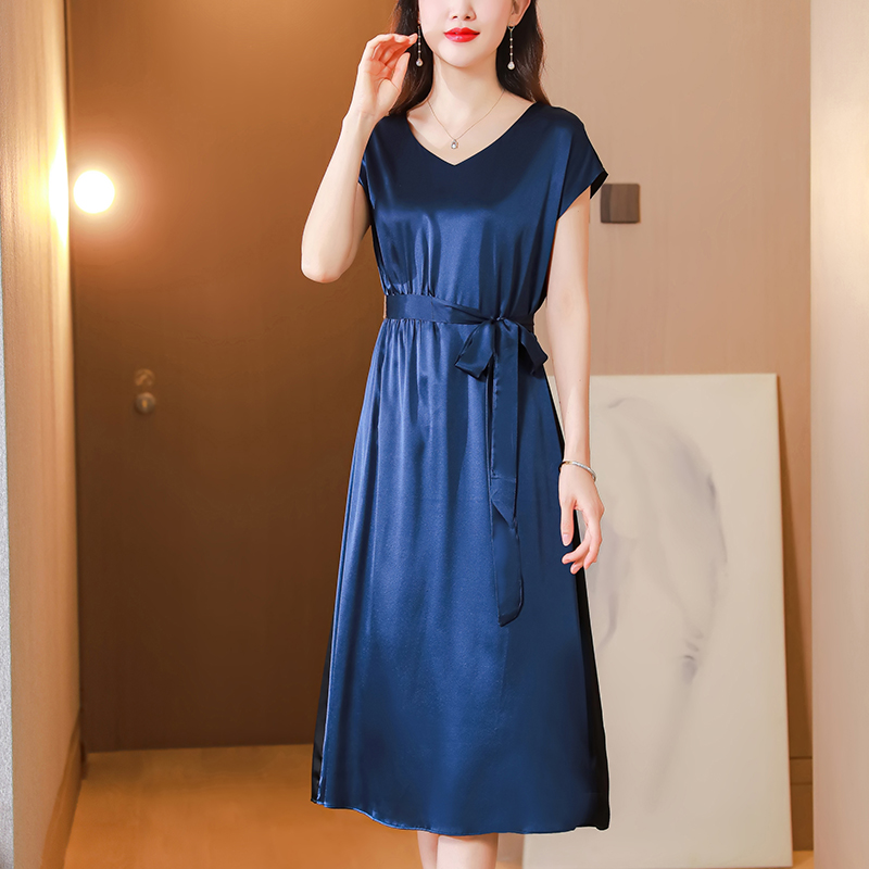 Satin summer Western style pure real silk dress for women