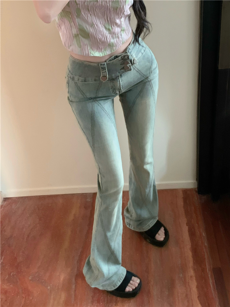 Speaker retro pants high waist three buckles jeans for women