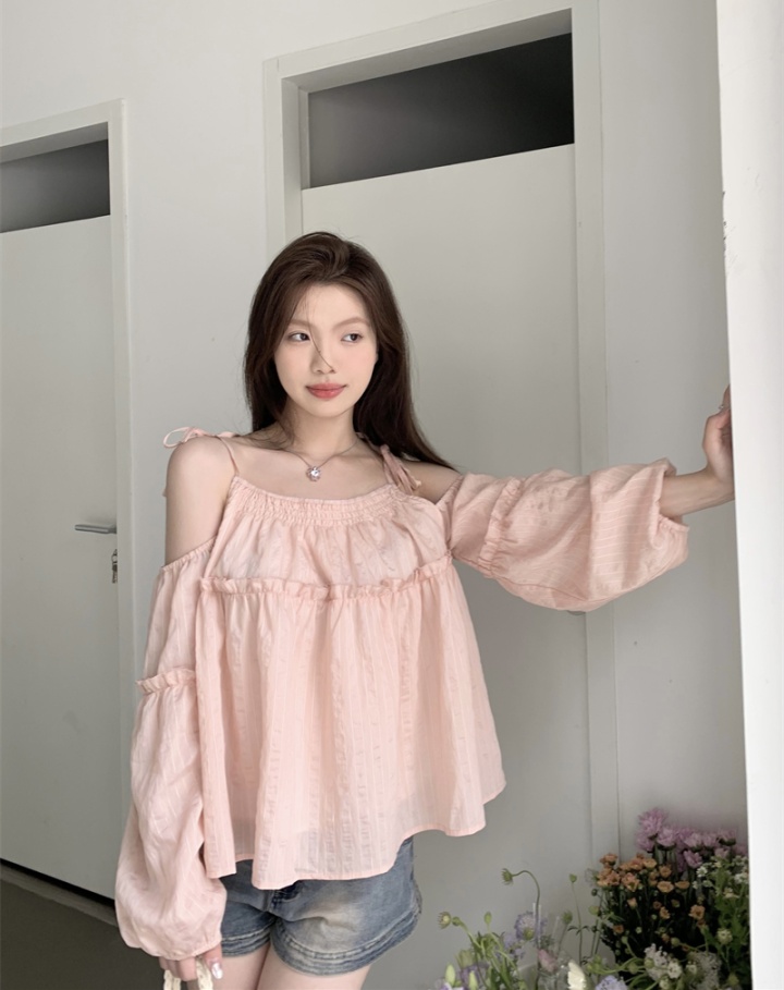 Pink strapless tops flat shoulder lantern sleeve shirt