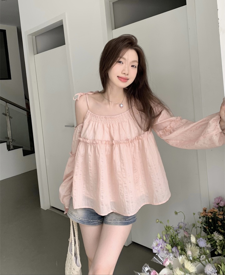 Pink strapless tops flat shoulder lantern sleeve shirt