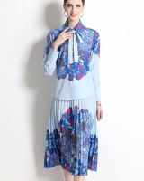 Printing romantic shirt navy-blue lapel skirt 2pcs set