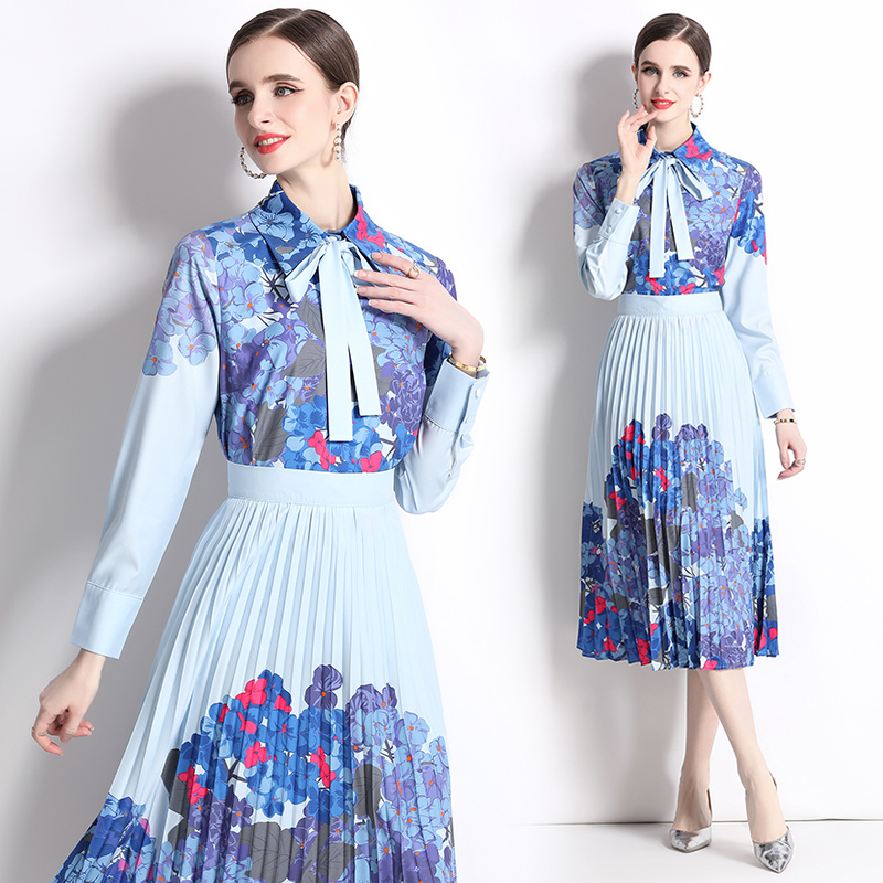Printing romantic shirt navy-blue lapel skirt 2pcs set