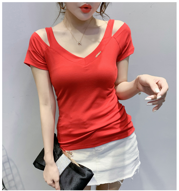 V-neck splice T-shirt short sleeve tops for women