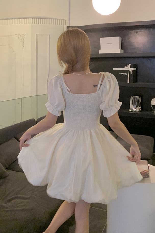 Summer bow pinched waist slim horizontal collar dress